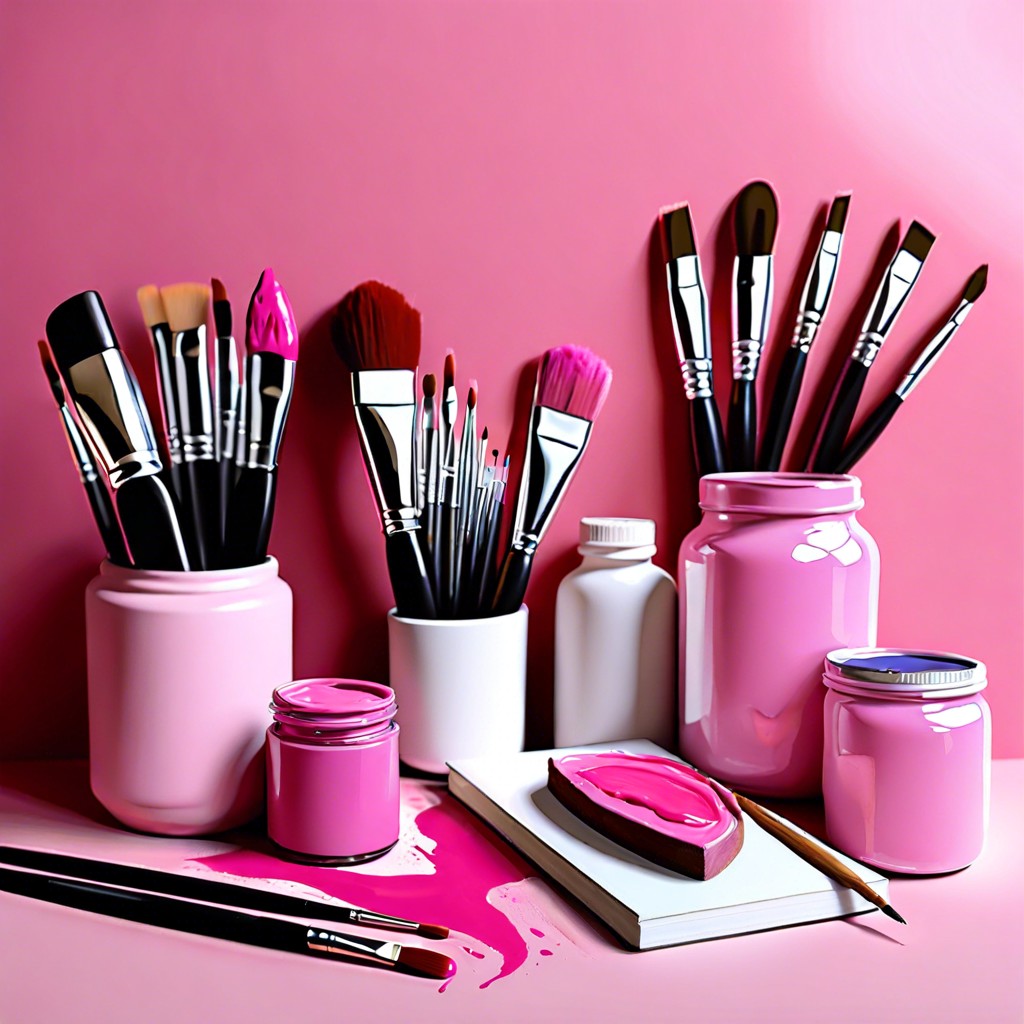 pink art supplies fill with pink paints brushes and sketchbooks