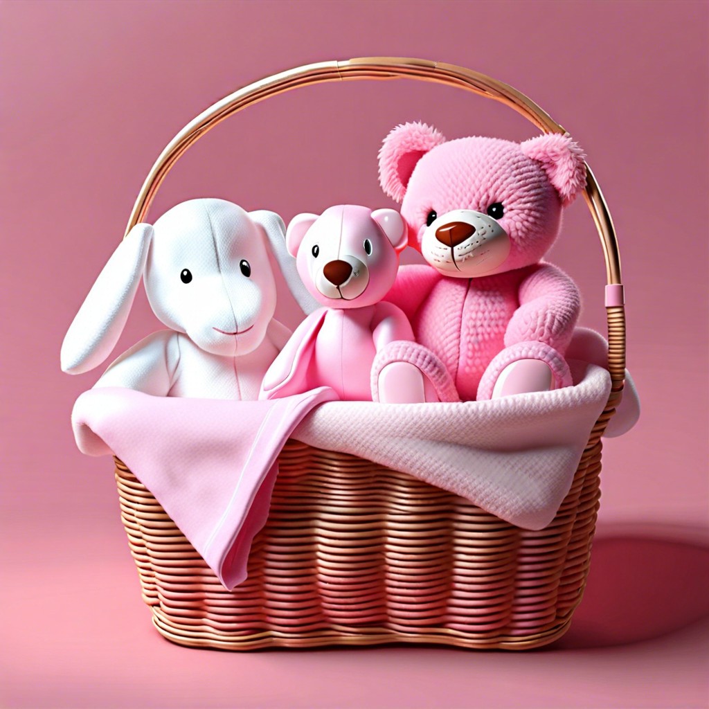 pink baby basket include pink onesies blankets and soft plush toys