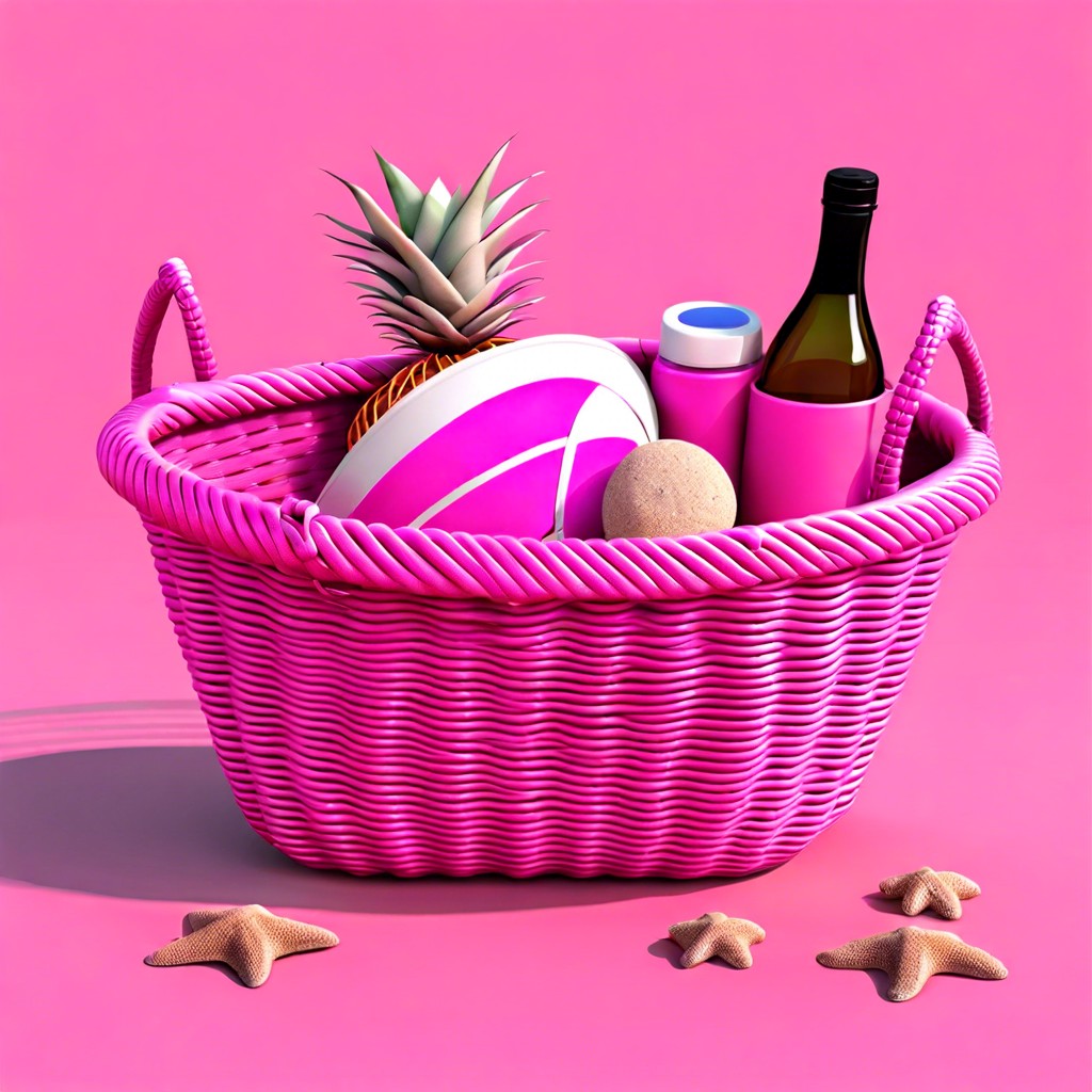 pink beach basket include a pink beach towel sunscreen and a stylish hat