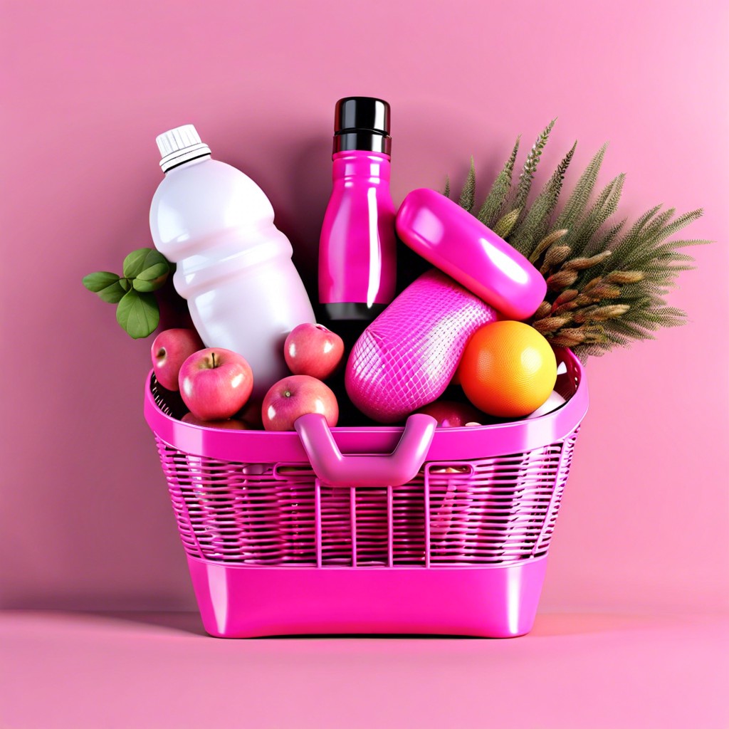 pink fitness basket include a pink yoga mat resistance bands and a water bottle