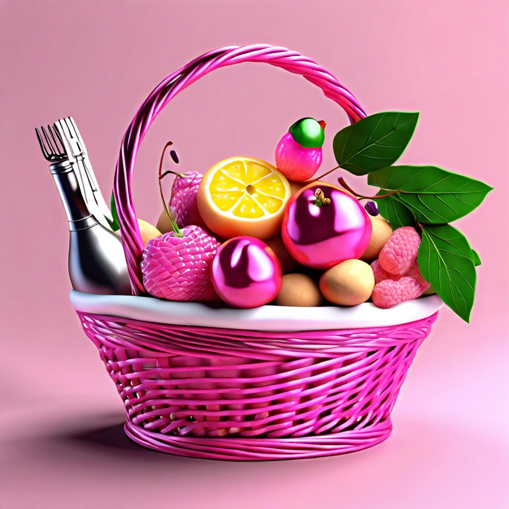 pink gourmet basket fill with pink macarons strawberry chocolates and rose wine