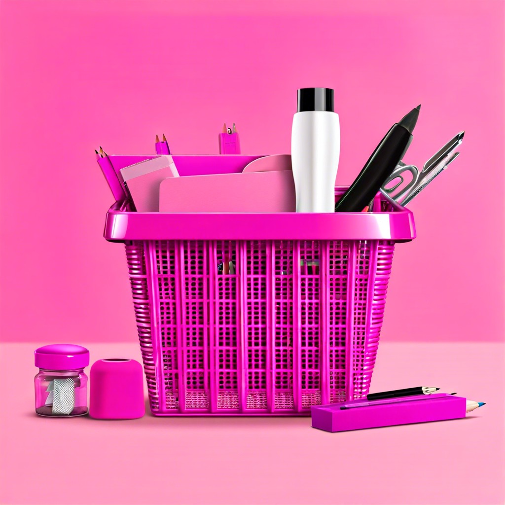 pink office supplies basket fill with pink stationery notepads and pens