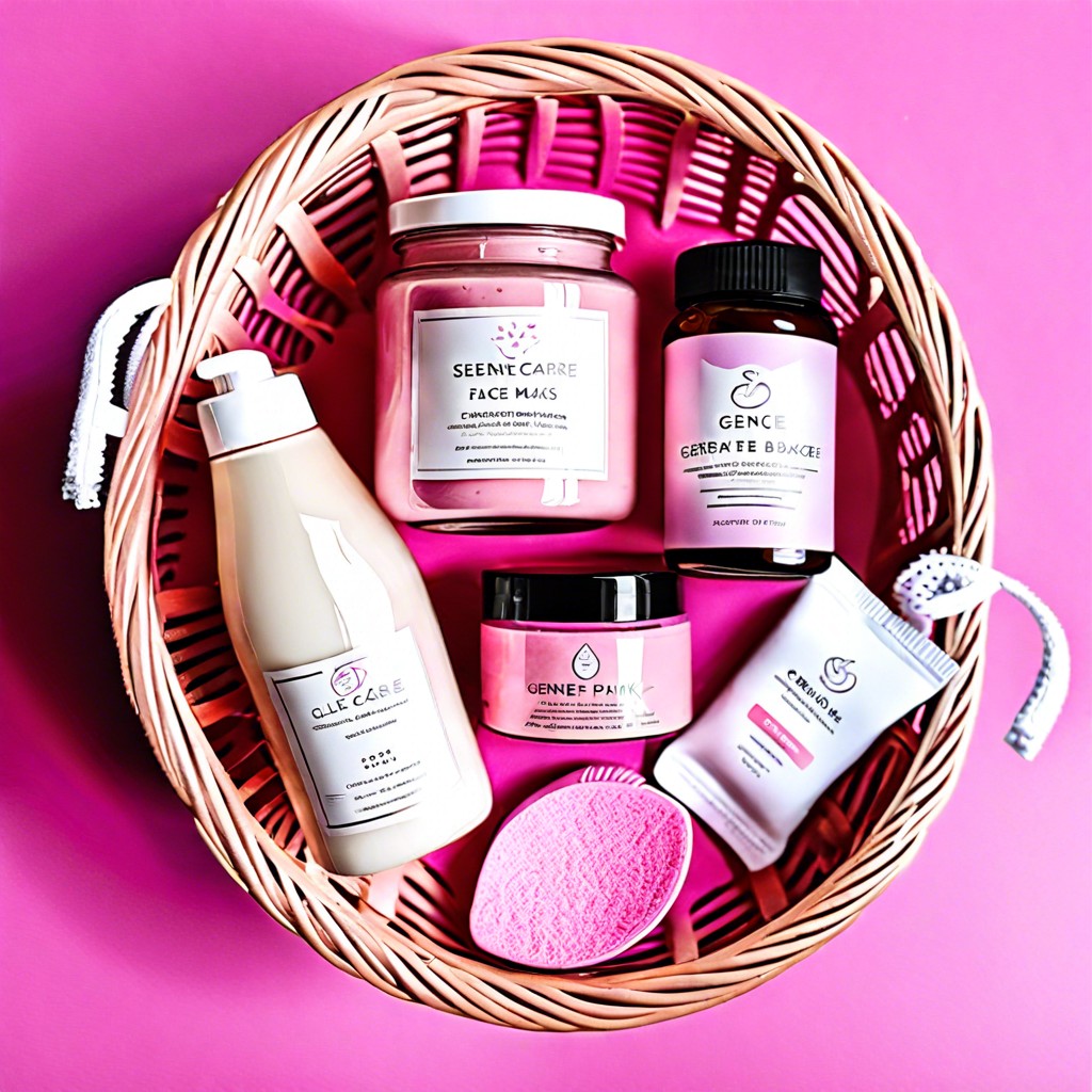pink self care basket add face masks lotions and calming essential oils