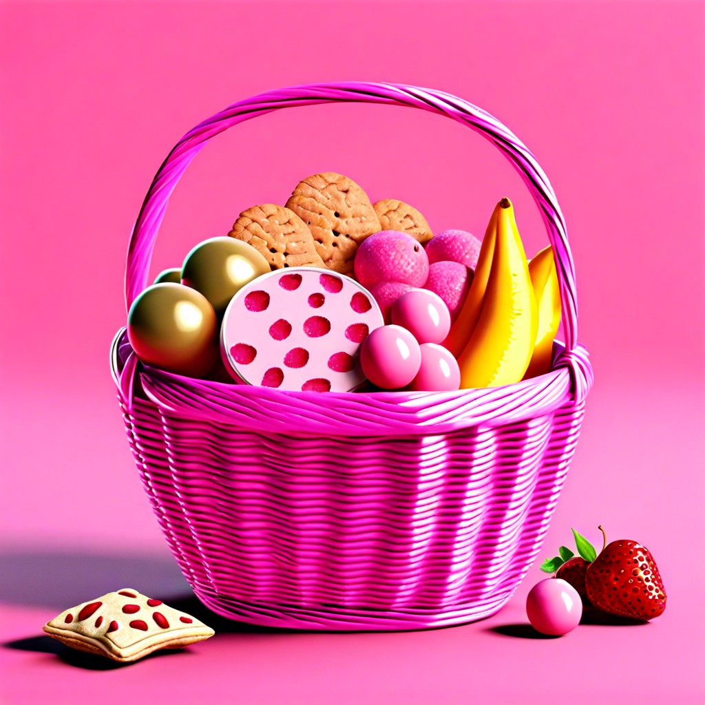 pink snack basket feature pink candies cookies and raspberry jam