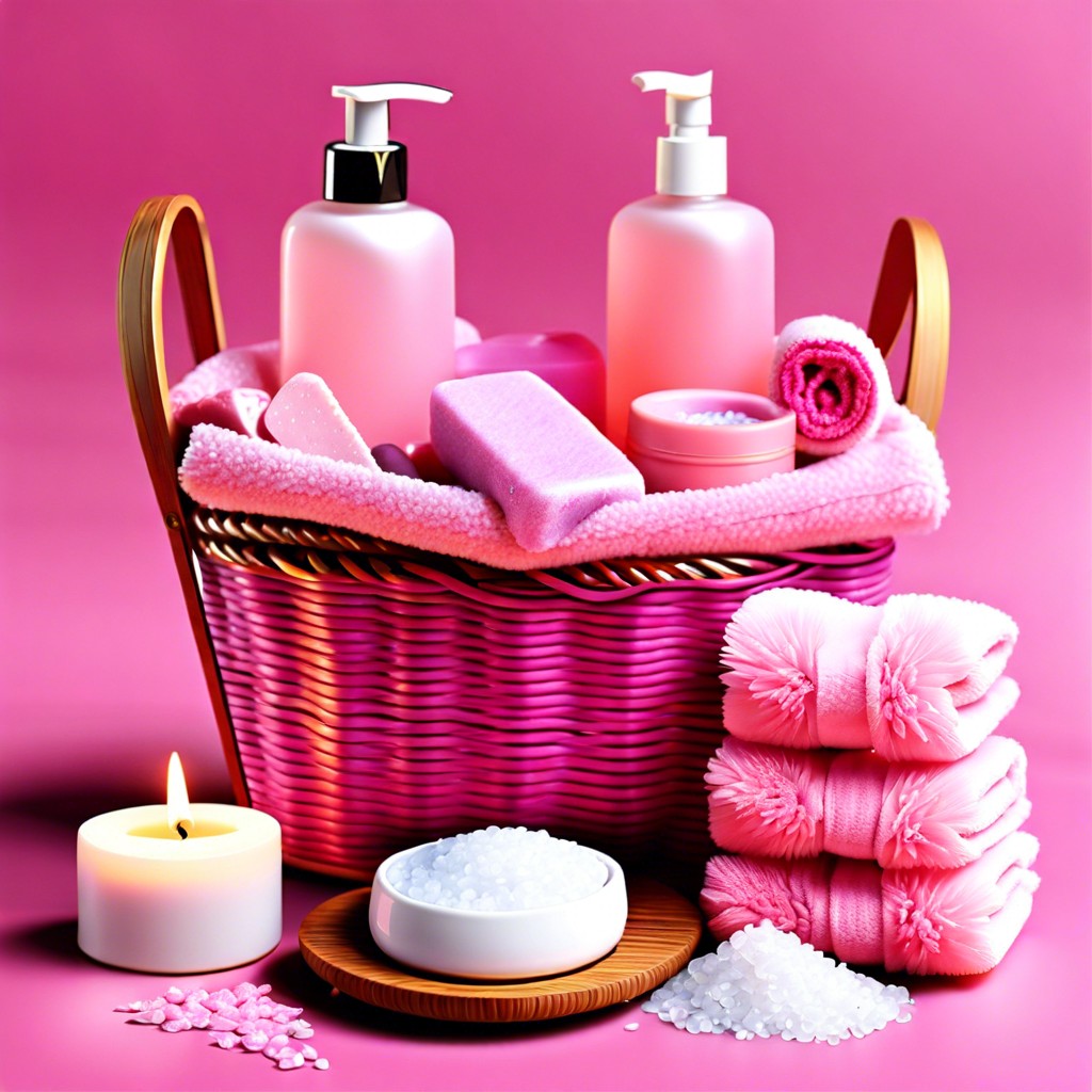 pink spa basket include pink bath salts soaps and a fluffy bathrobe