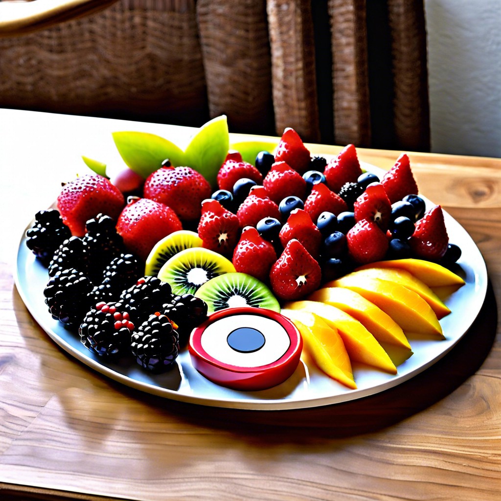 pokeball fruit platter half red and half white fruit sections divided by a blackberry line