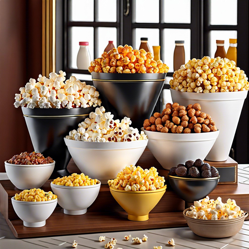 popcorn bar with various toppings like cheese caramel and spices
