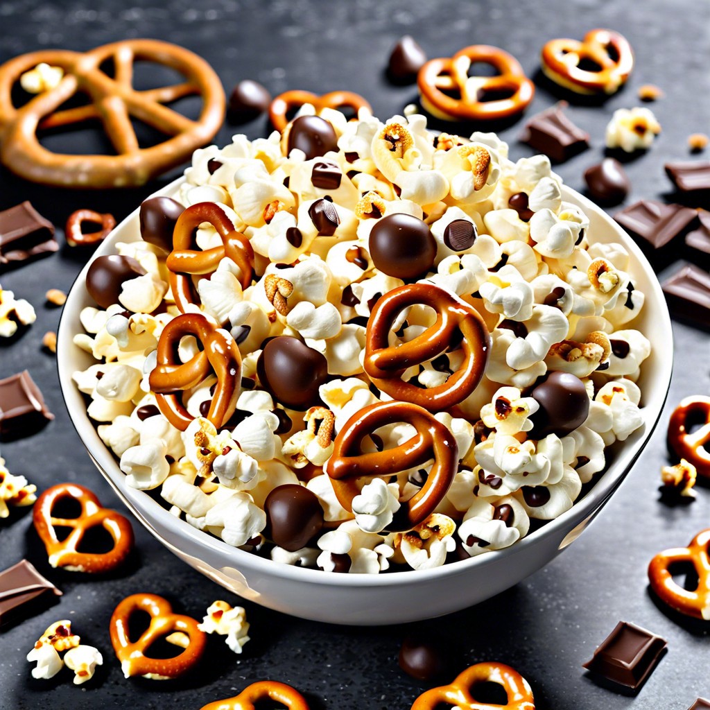 popcorn mix with chocolate chips and pretzels