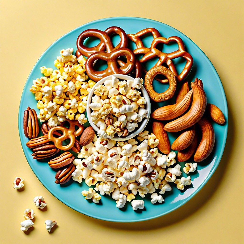 popped platter different flavored popcorns pretzels and roasted nuts