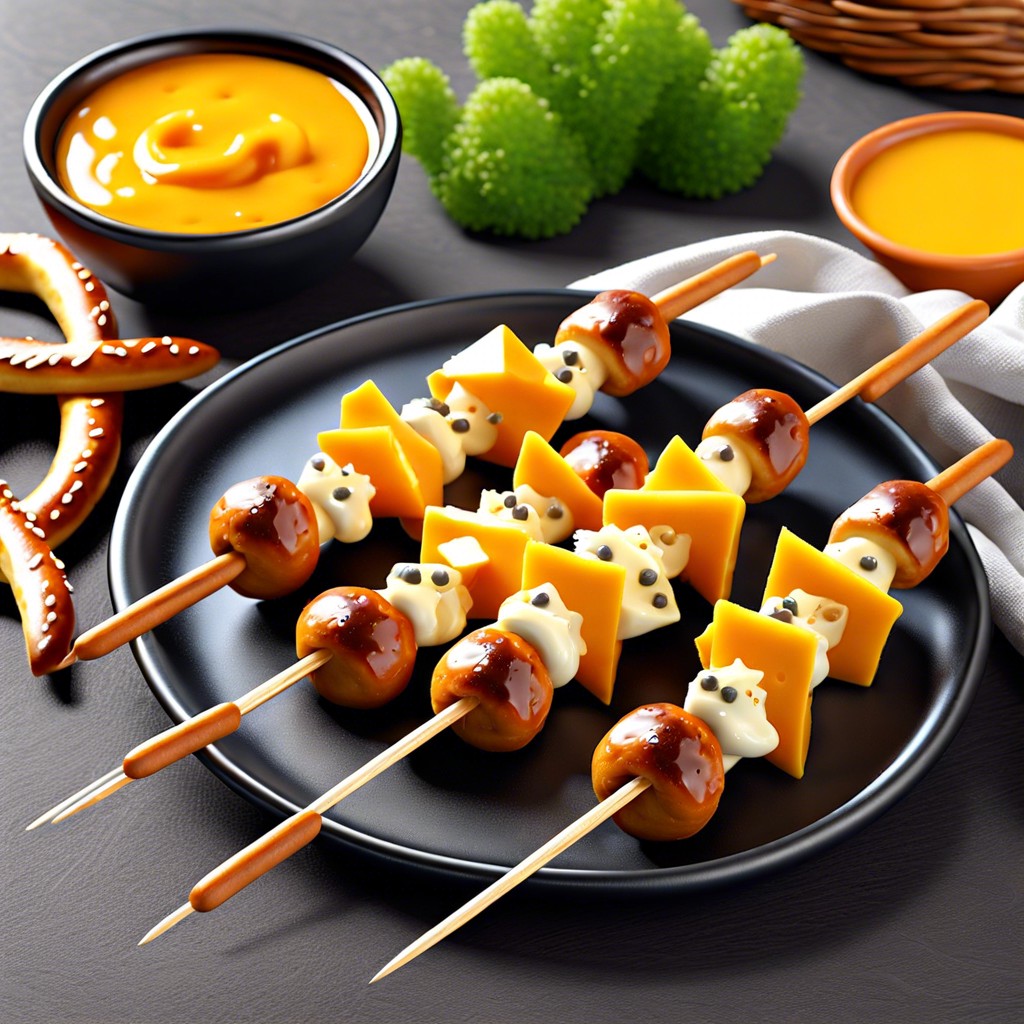 pretzel and cheese skewers