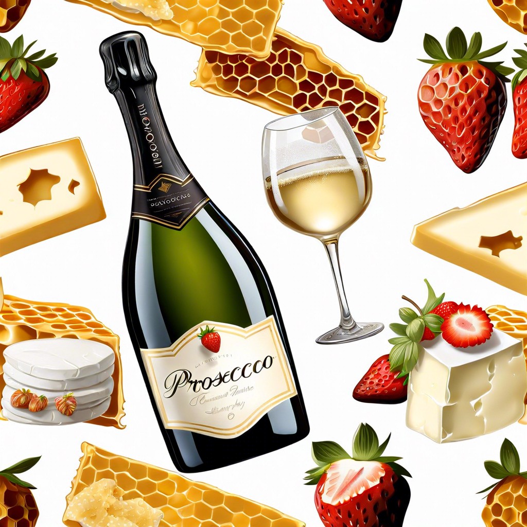 prosecco with strawberries brie cheese and honeycomb