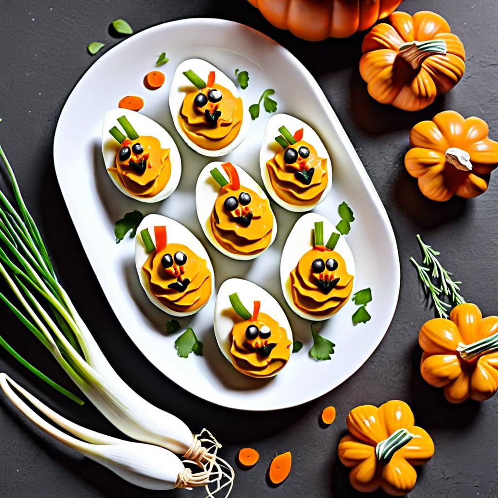 pumpkin deviled eggs add paprika and a chive for a pumpkin look