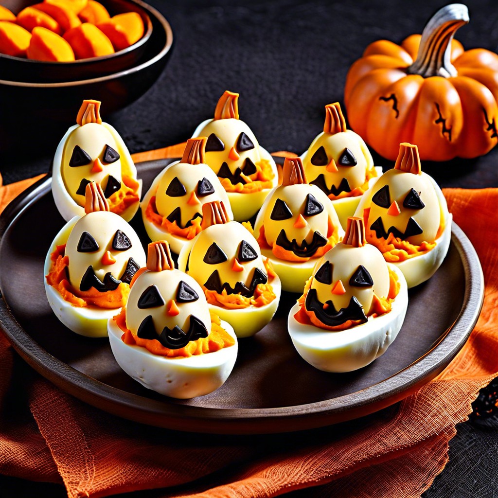 pumpkin deviled eggs colored with paprika