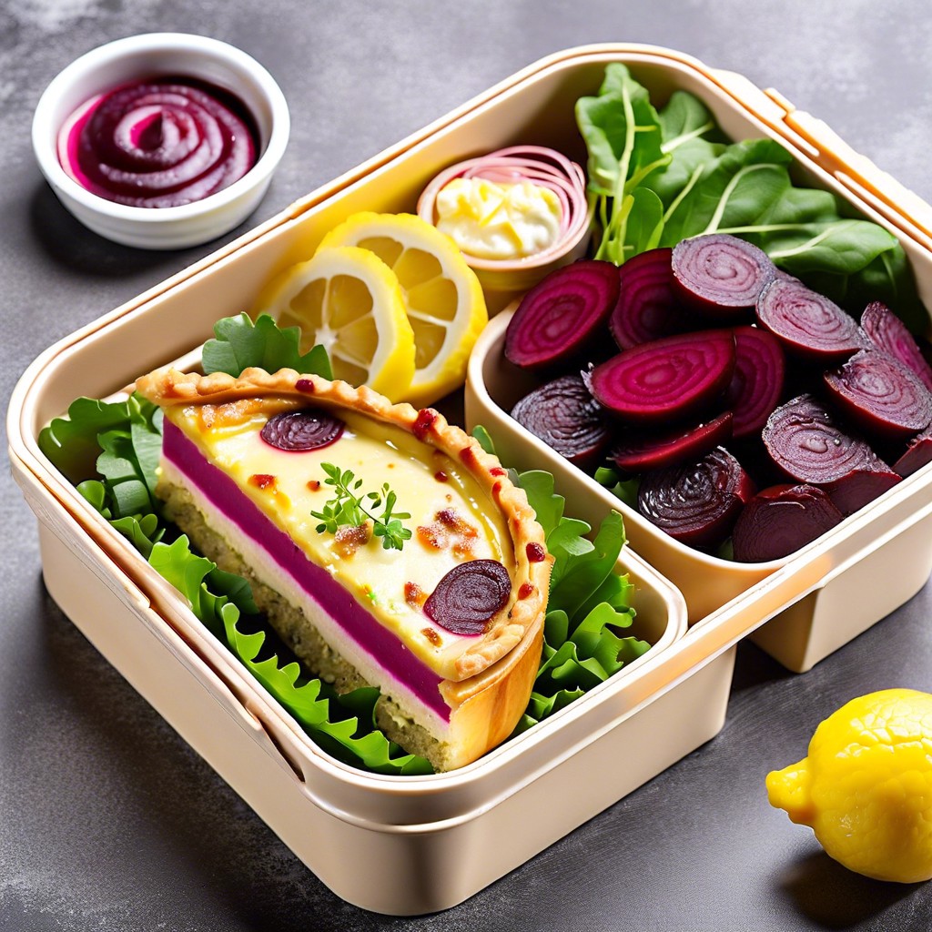 quiche lorraine beetroot salad and a lemon bar