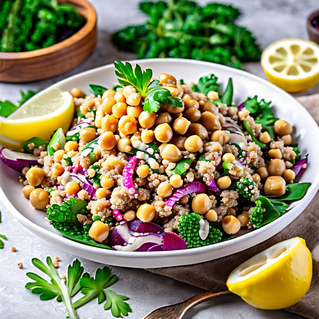 quinoa salad with chickpeas cucumbers tomatoes and a lemon tahini dressing