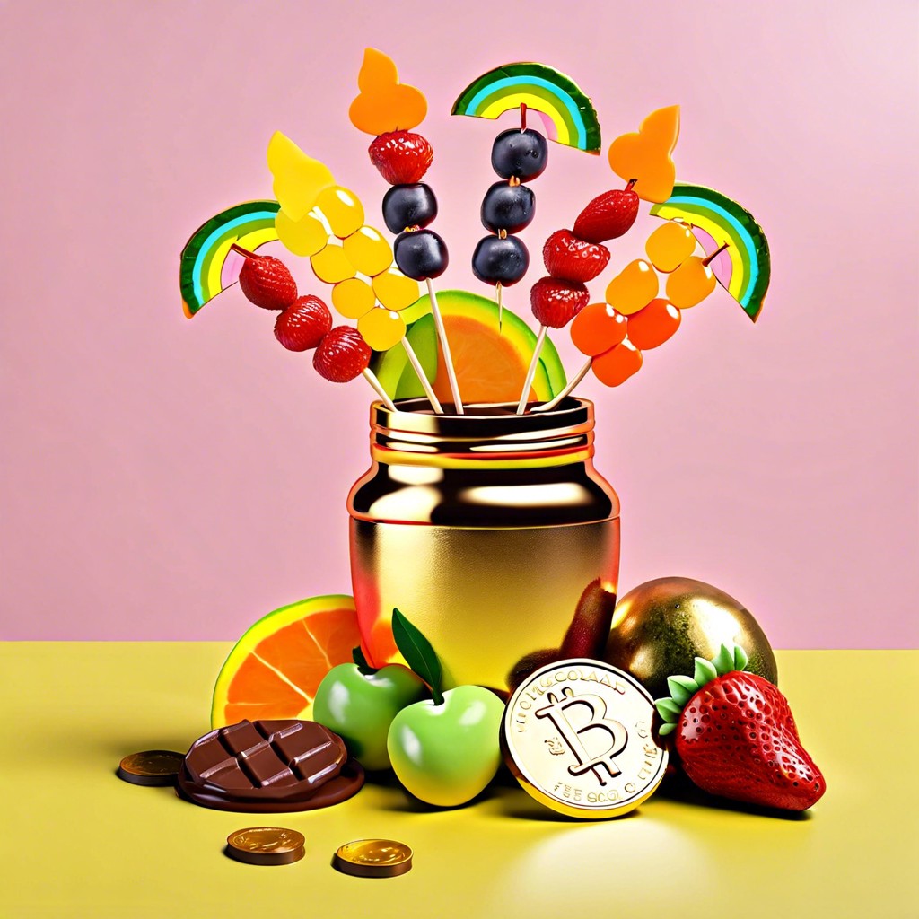 rainbow fruit skewers with a pot of gold chocolate coins