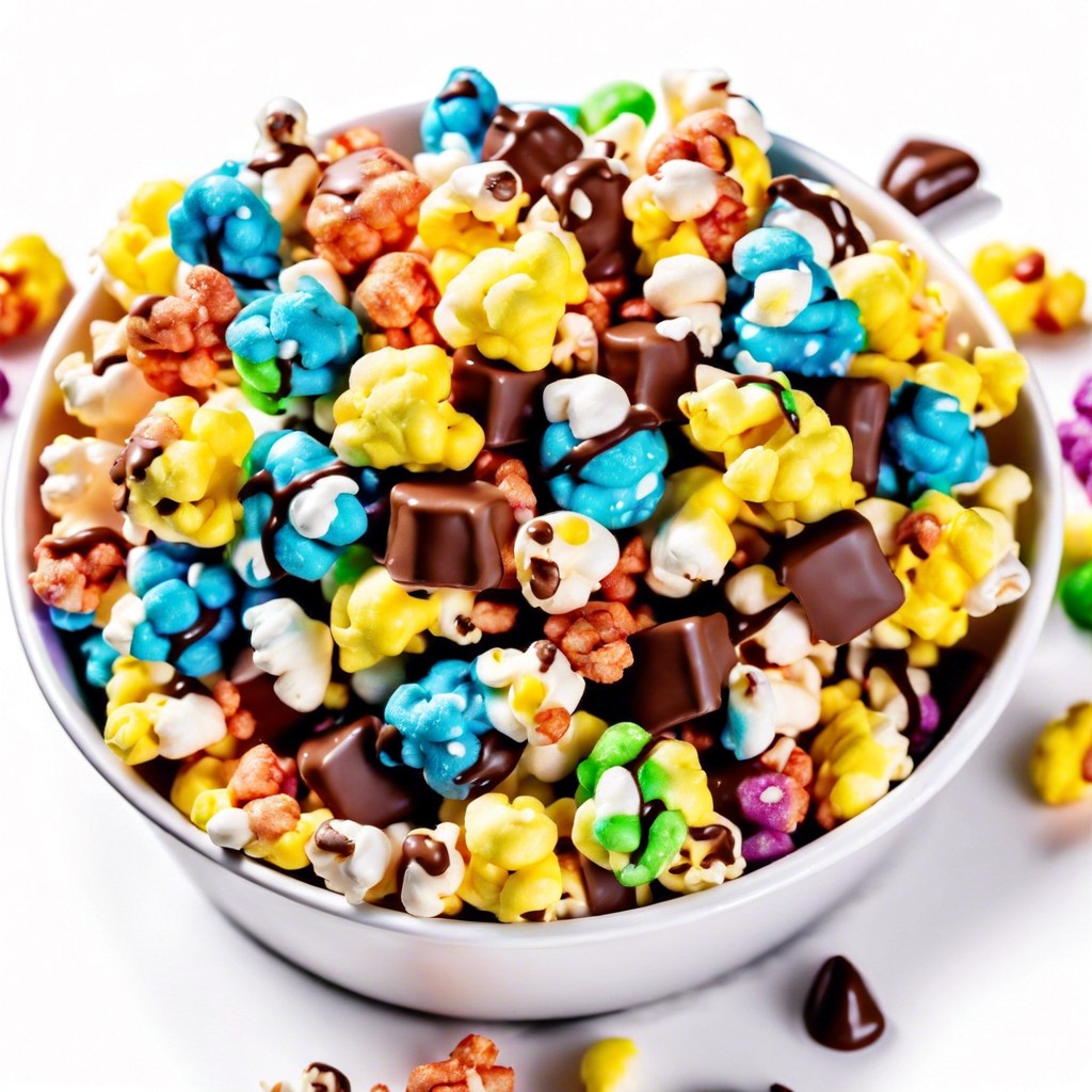 rainbow popcorn with colored chocolate drizzle