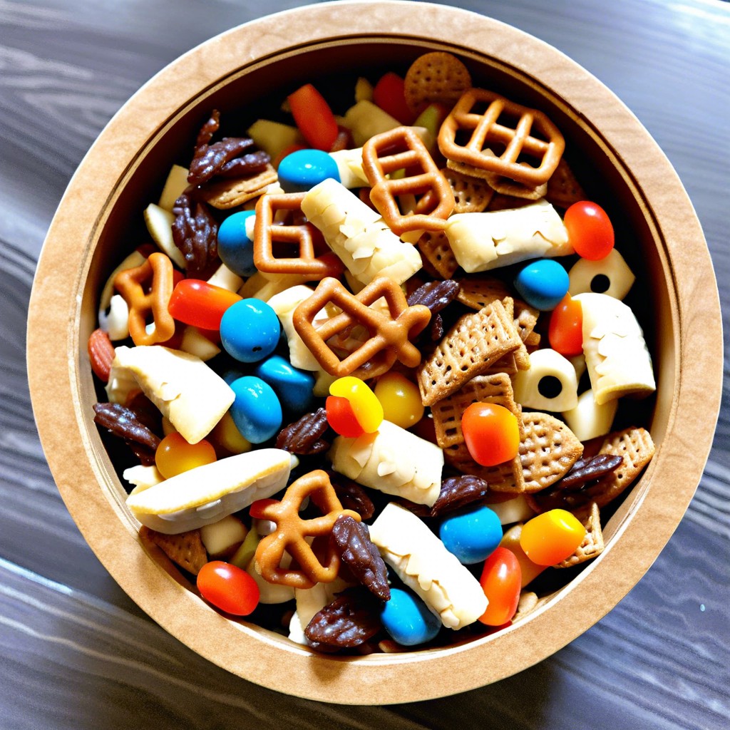 recycling bin snack mix various cereals and pretzels in mini bins