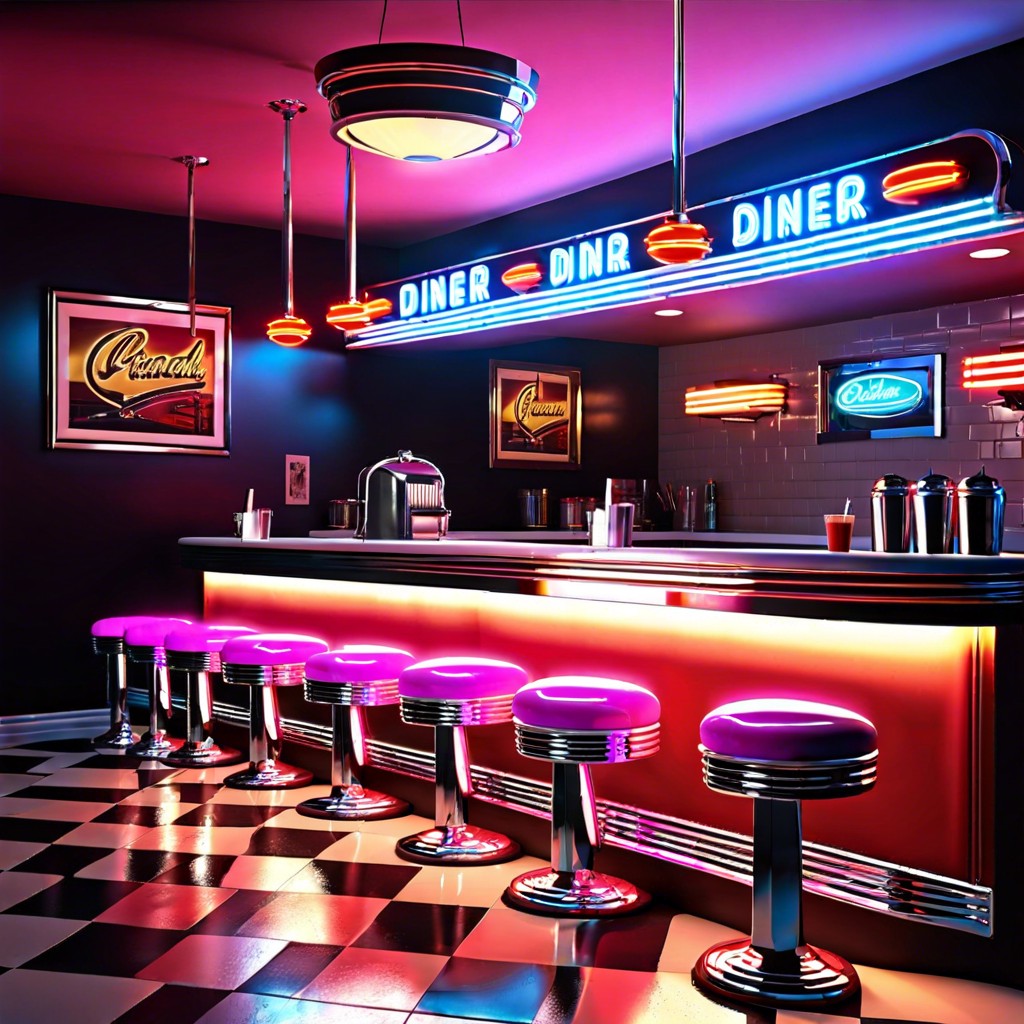 retro diner bar chrome stools neon lights milkshake mixer
