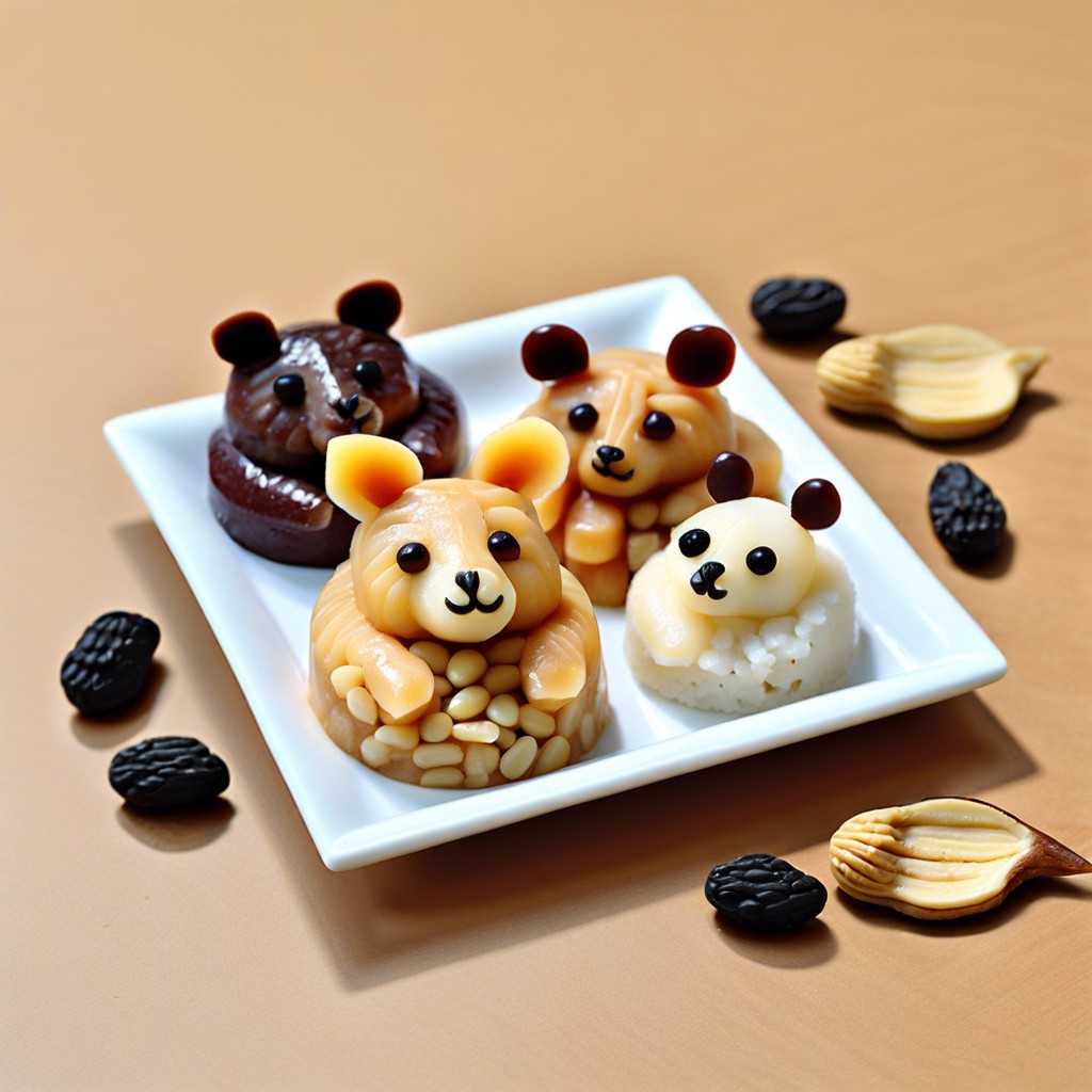 rice cake animals decorated with natural peanut butter and raisins