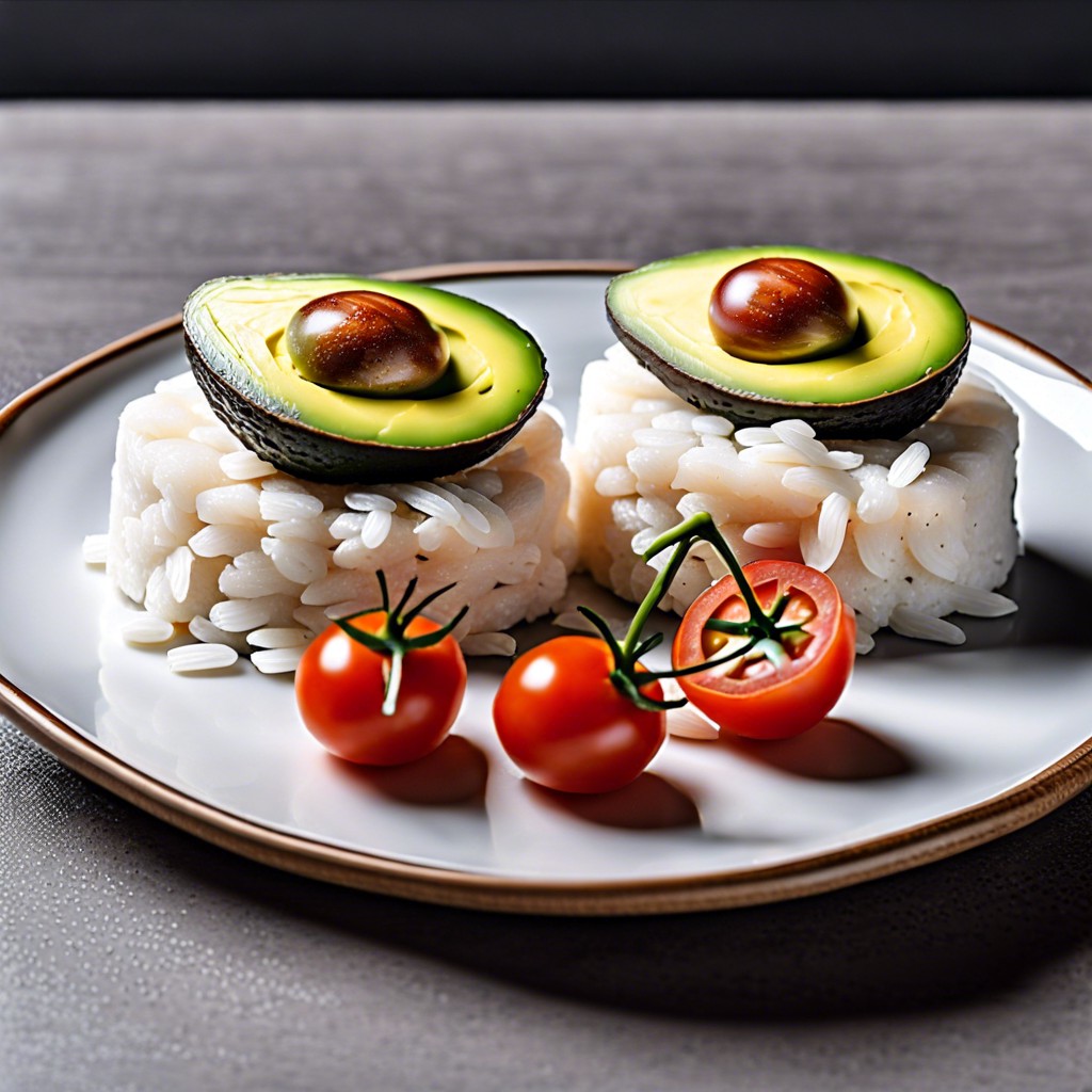 rice cakes topped with avocado and tomato slices