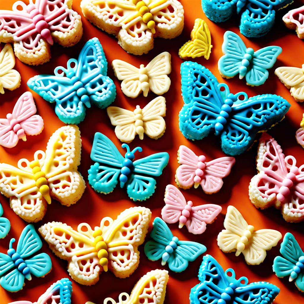 rice krispie treats cut into butterfly shapes