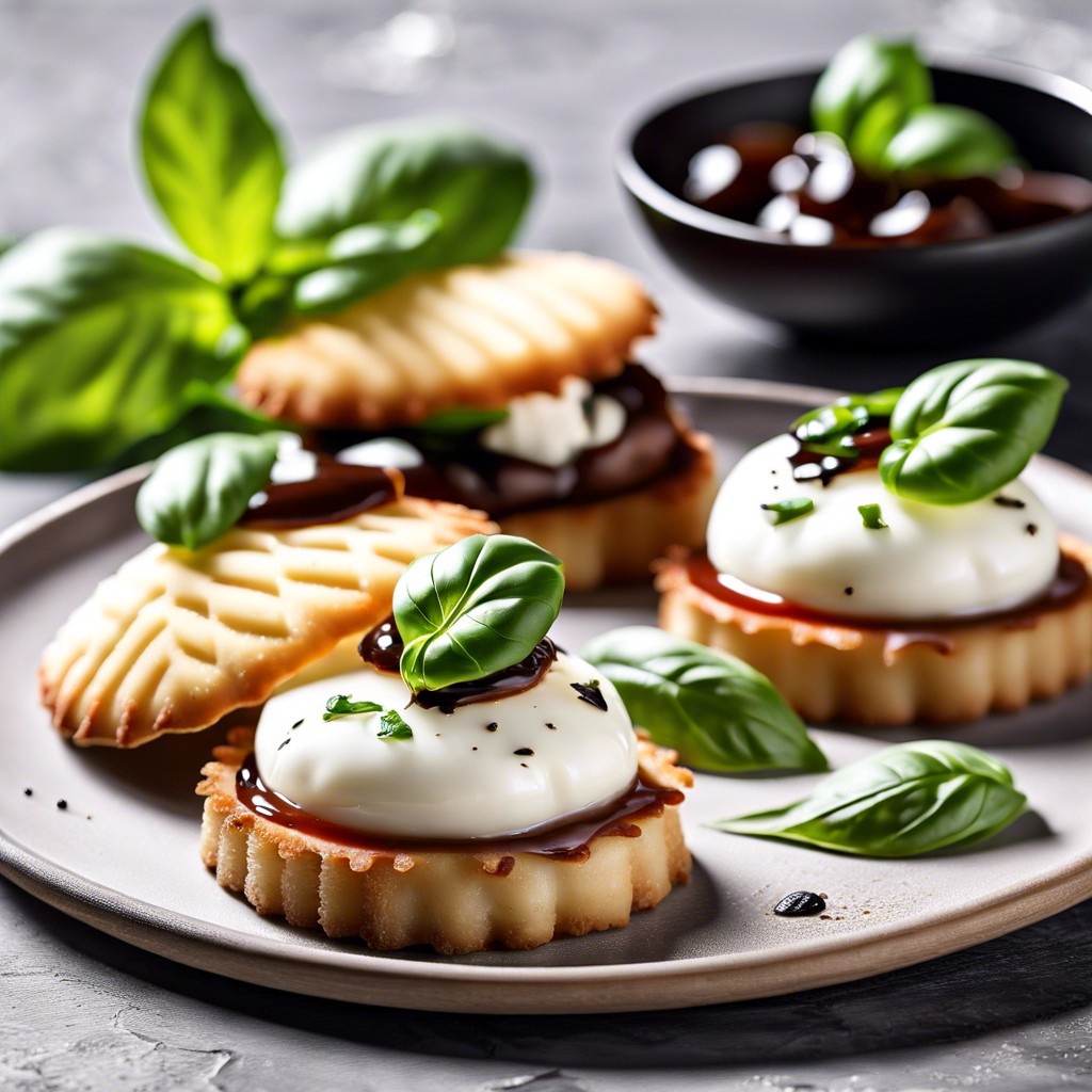 ritz with mozzarella basil and a balsamic reduction