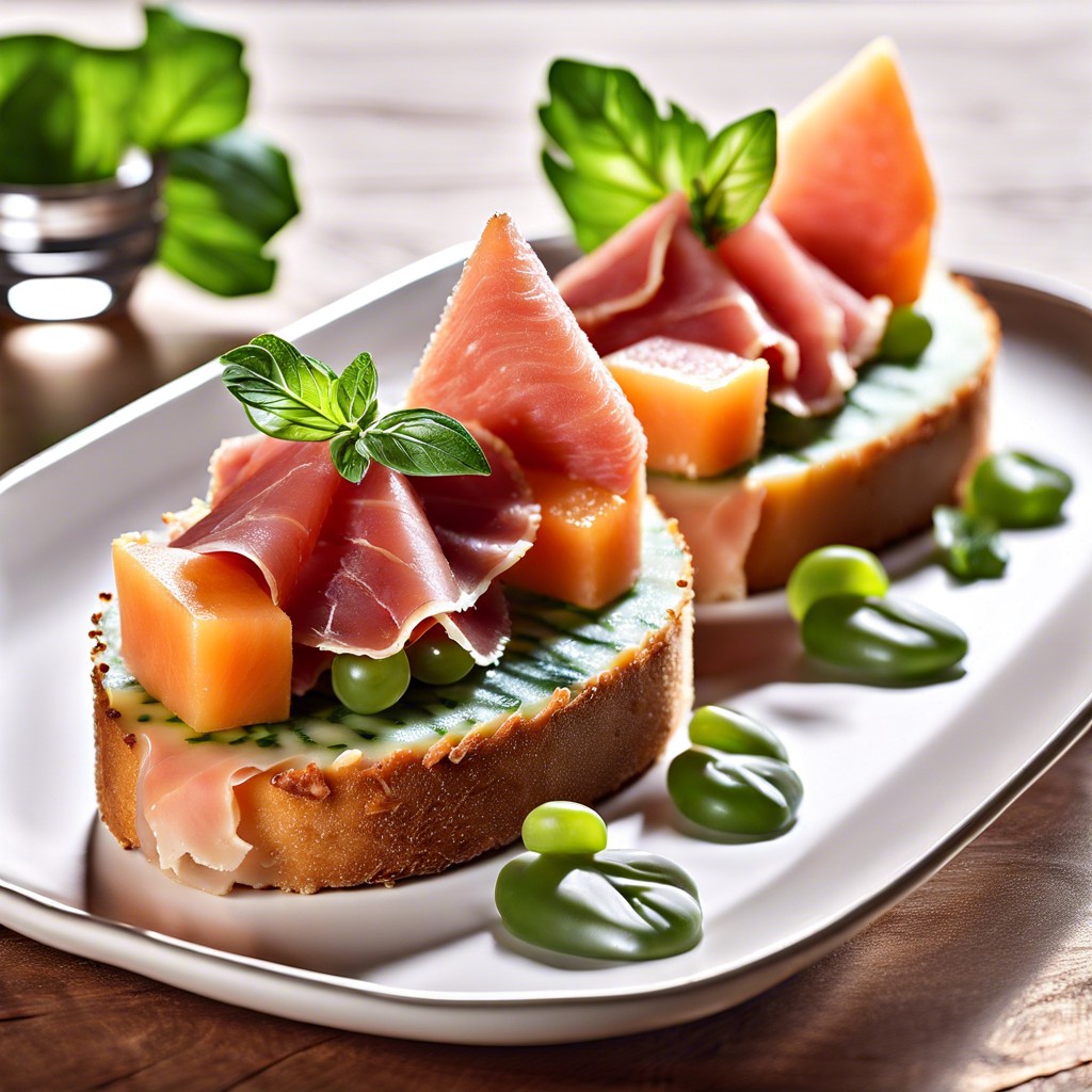 ritz with prosciutto and melon cubes