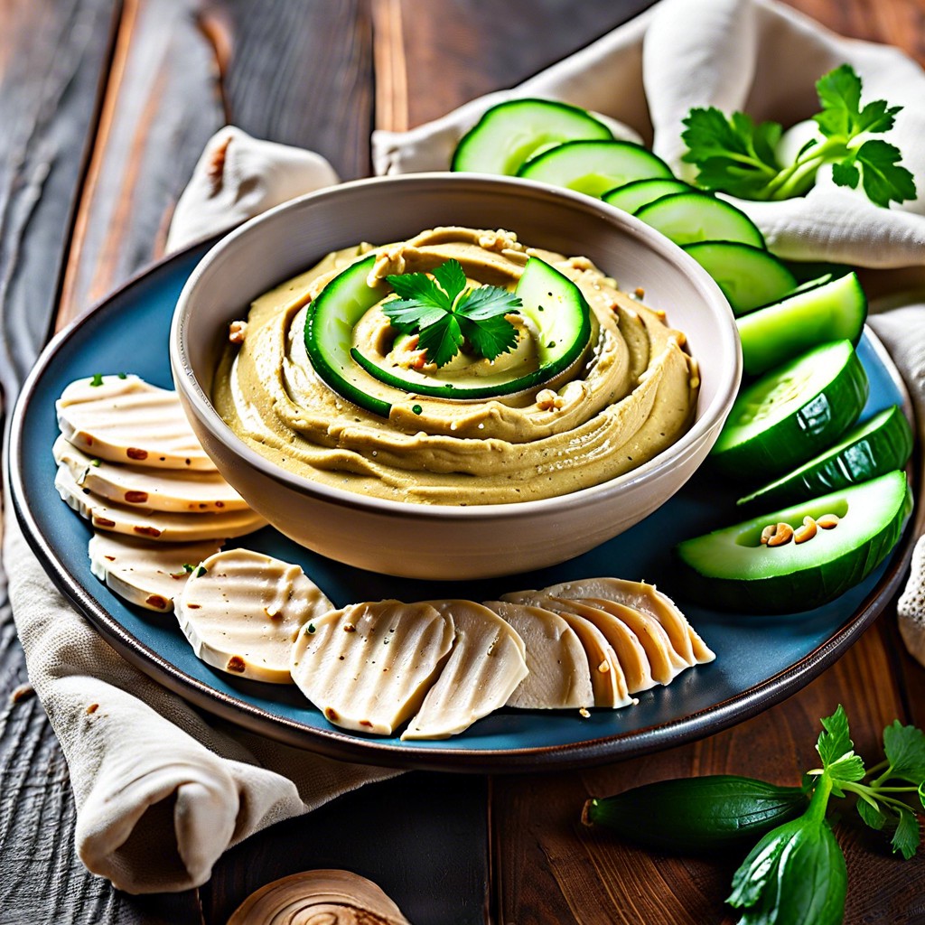 roasted garlic hummus and cucumber slices