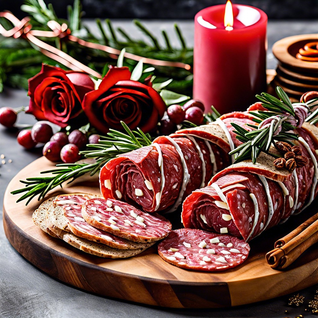 rosemary garnished salami roses