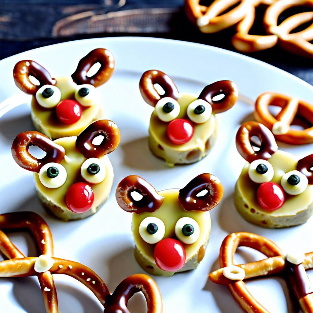 rudolph cheese bites cut cheese pretzel antlers olive eyes