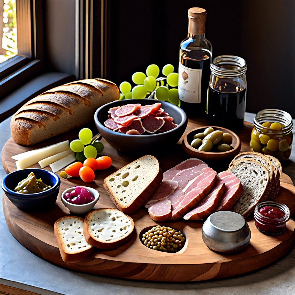 rustic board with artisan bread pate and pickled vegetables