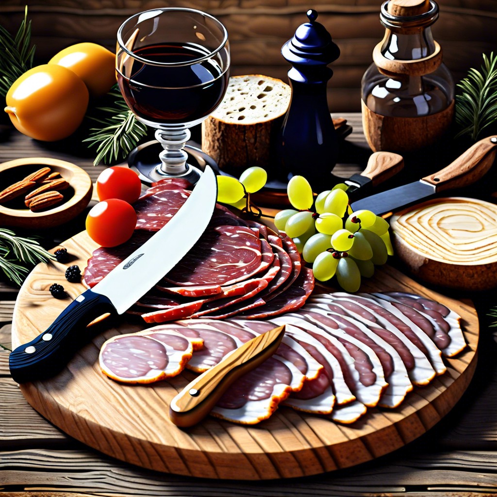 rustic countryside board with a wooden plank and vintage knives