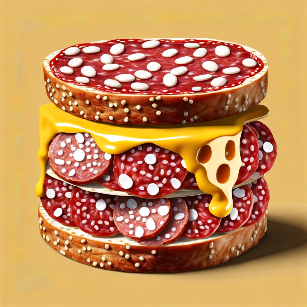 salami cheese stack layer salami and cheddar cheese add a mustard dot