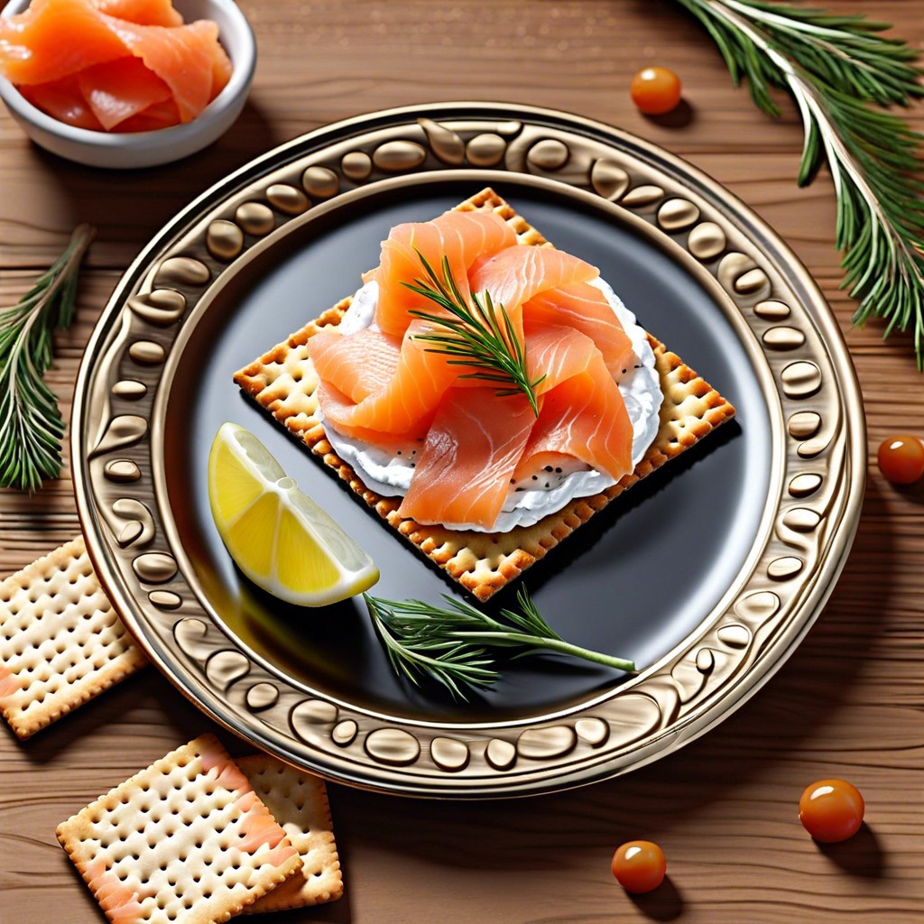 salmon cracker appetizers top crackers with cream cheese and smoked salmon