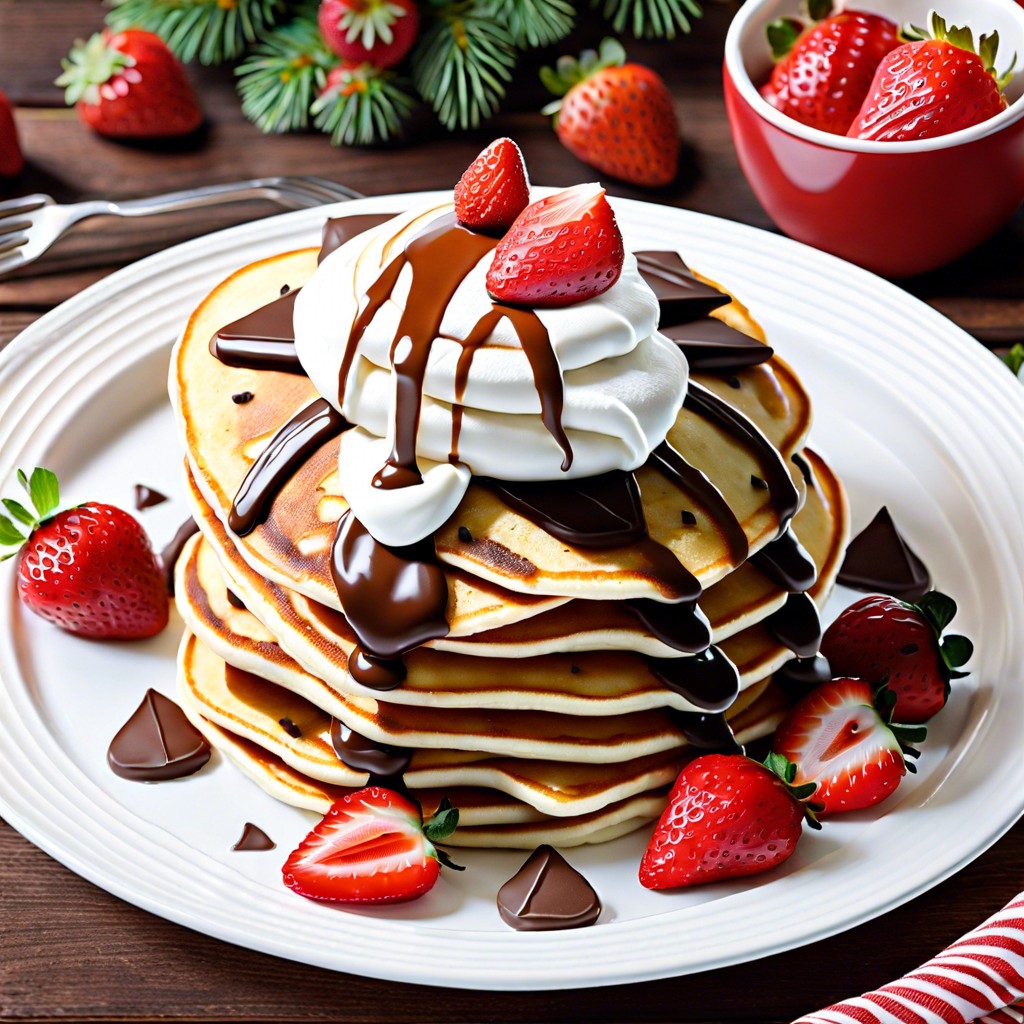 santa pancake stack pancakes strawberries whipped cream chocolate chips