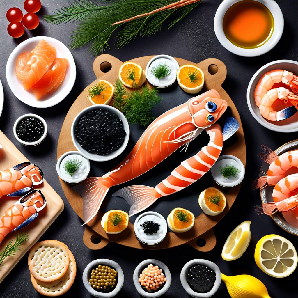 seafood board featuring smoked salmon shrimp and caviar