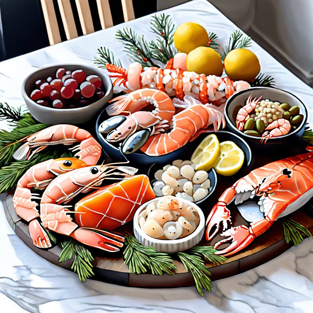 seafood board with smoked salmon shrimp cocktail and crab dip