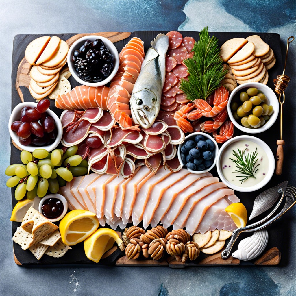 seafood lovers board smoked salmon shrimp crab dip pickled herring lemon wedges