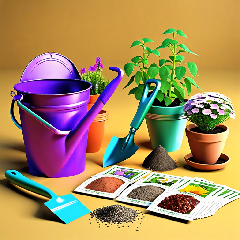 seed packets and gardening tools