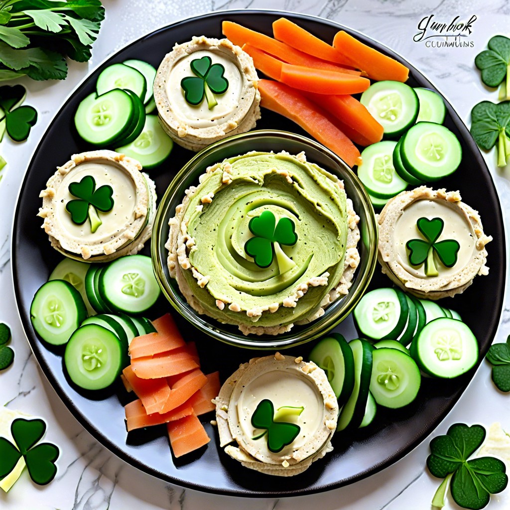 shamrock shaped cucumber and hummus sandwiches