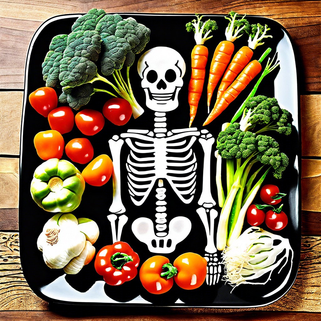 skeleton veggie platter arranged to look like bones