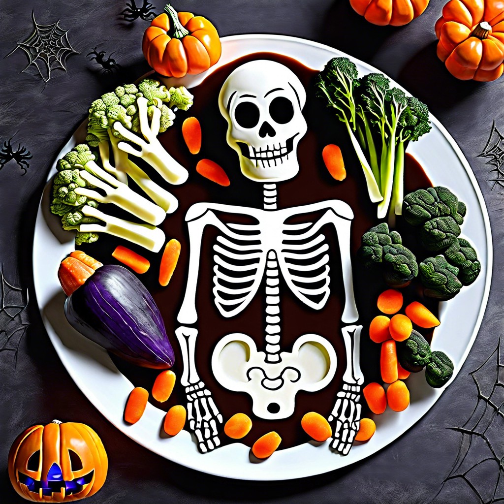 skeleton veggie platter lay out veggies in the shape of a skeleton