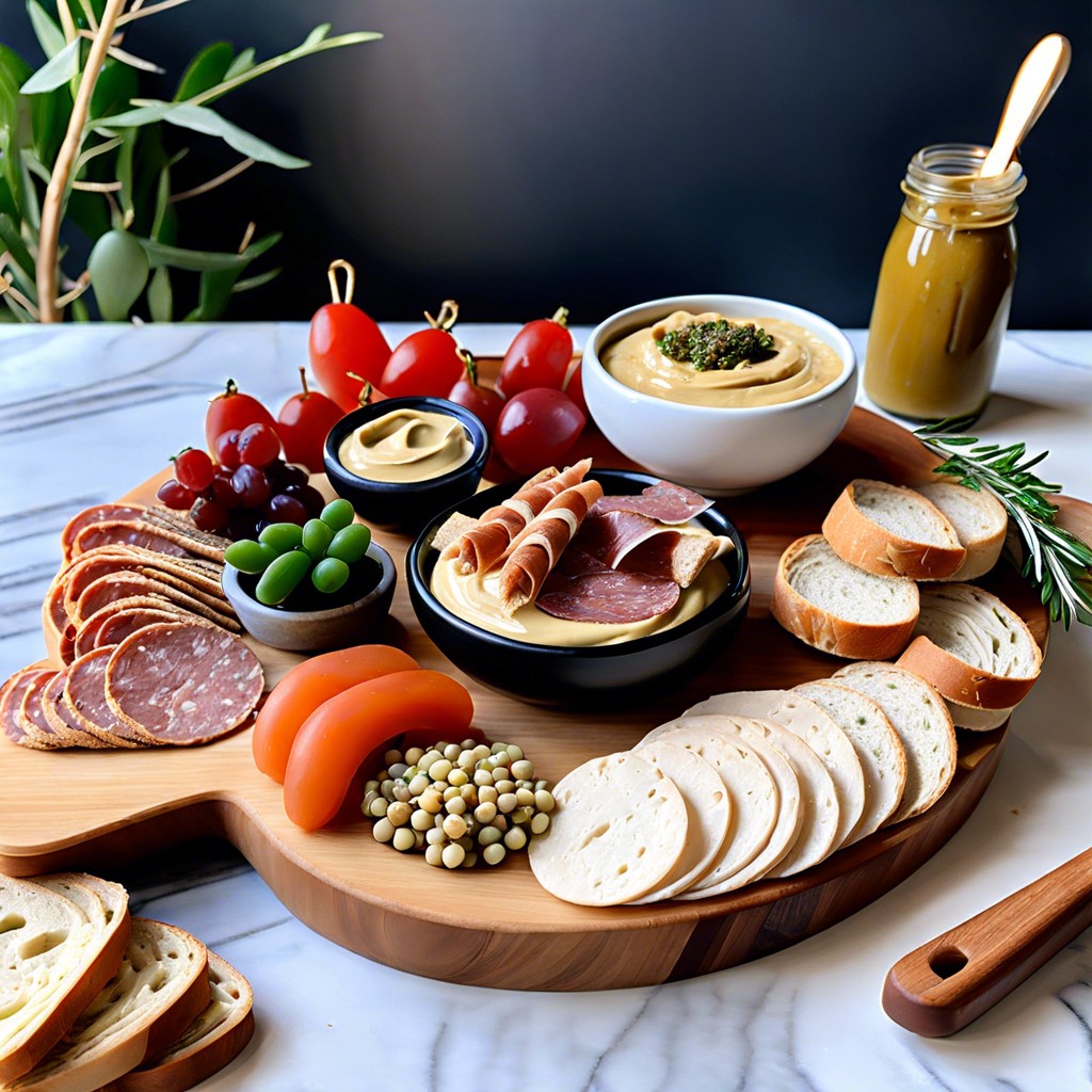 sliced baguette with roasted red pepper hummus