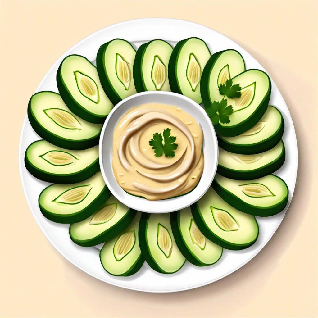 sliced cucumber and hummus