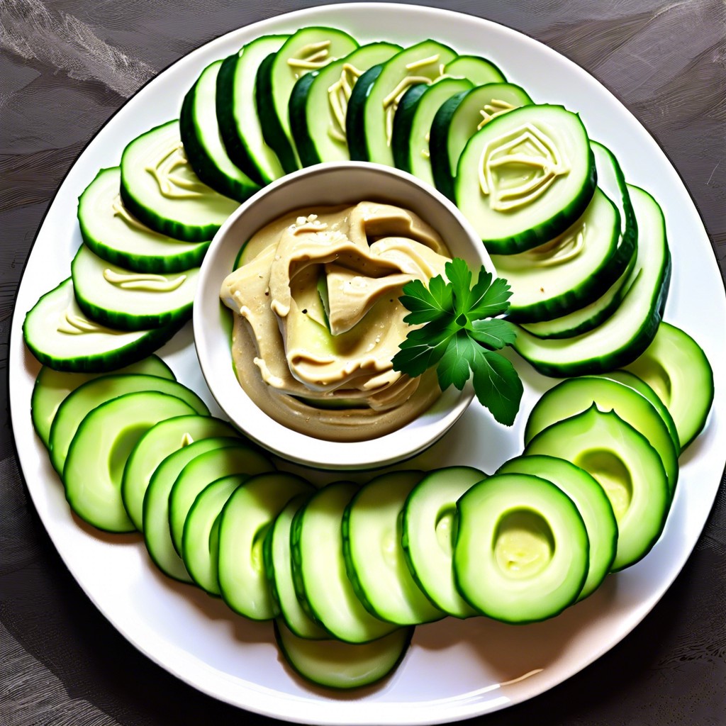 sliced cucumber and hummus