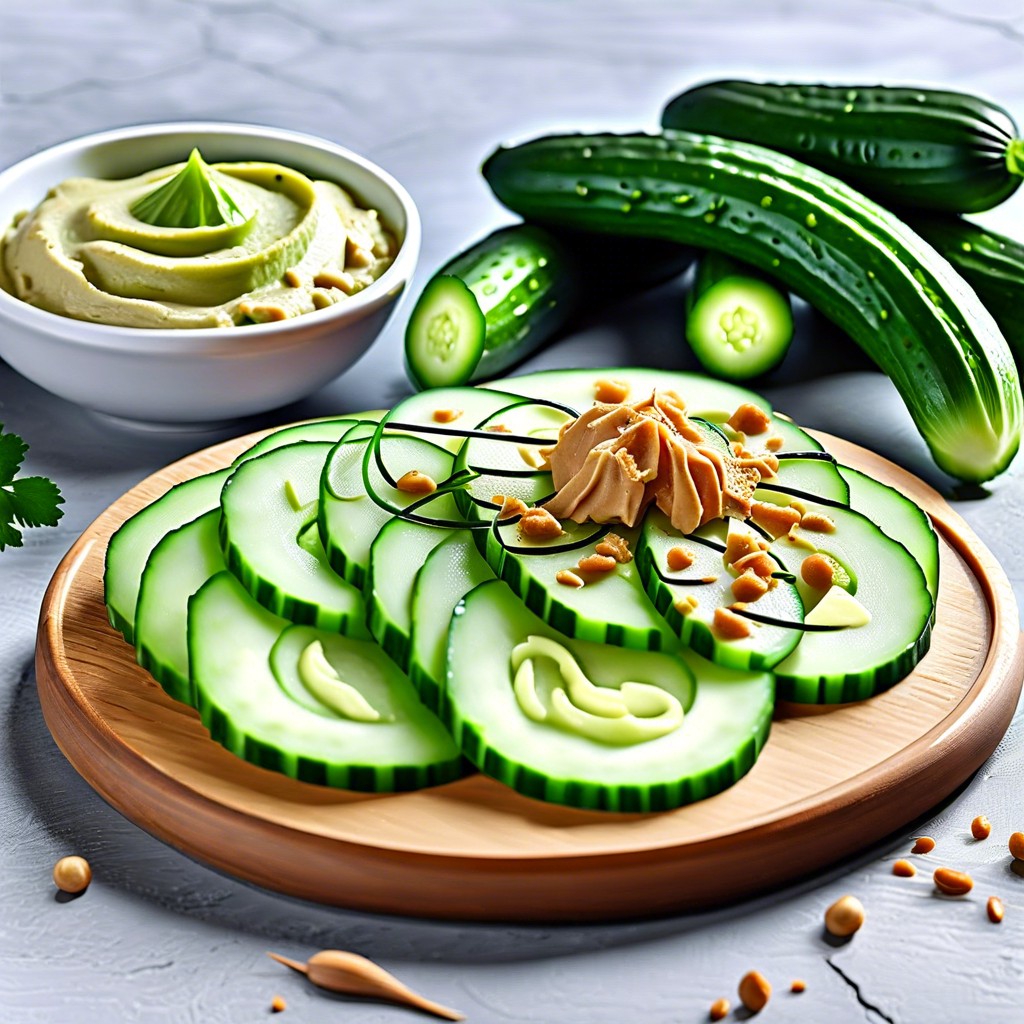 sliced cucumber with hummus