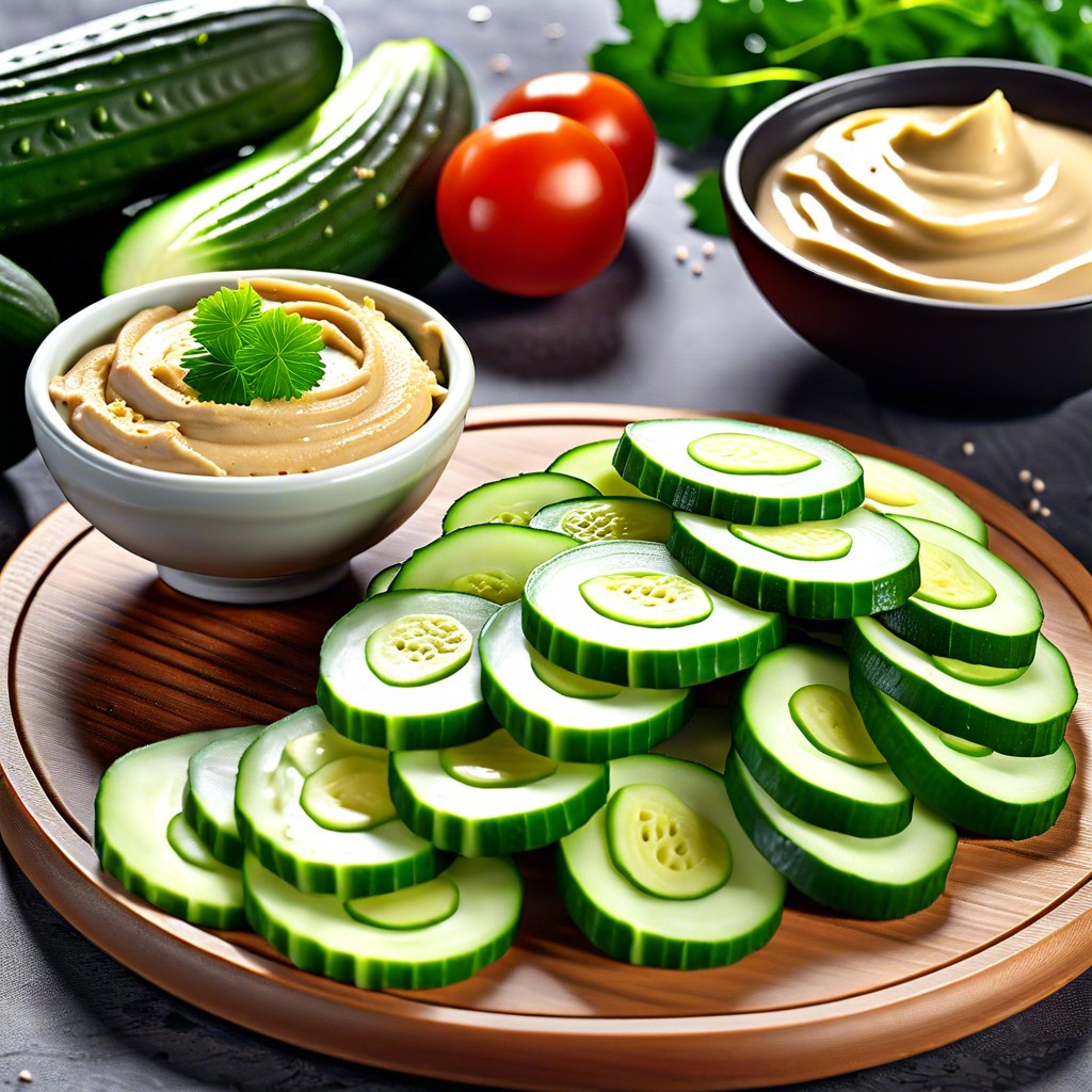 sliced cucumbers with hummus