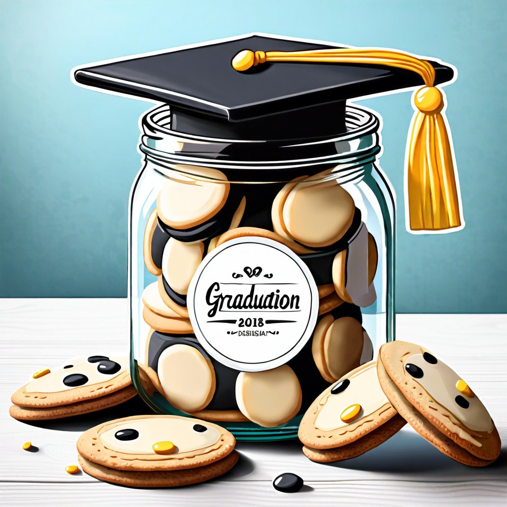 smart cookie jar fill with custom cookies shaped like graduation items