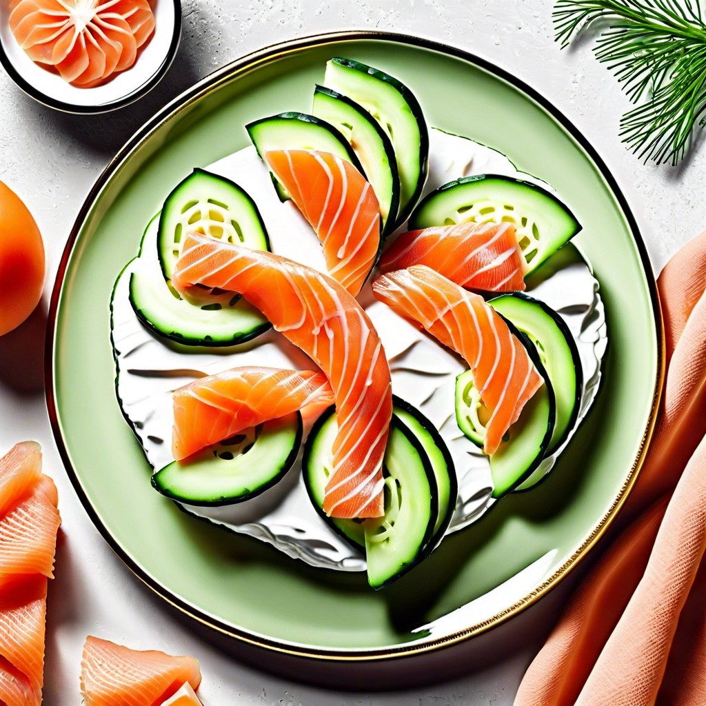 smoked salmon and cream cheese on cucumber slices